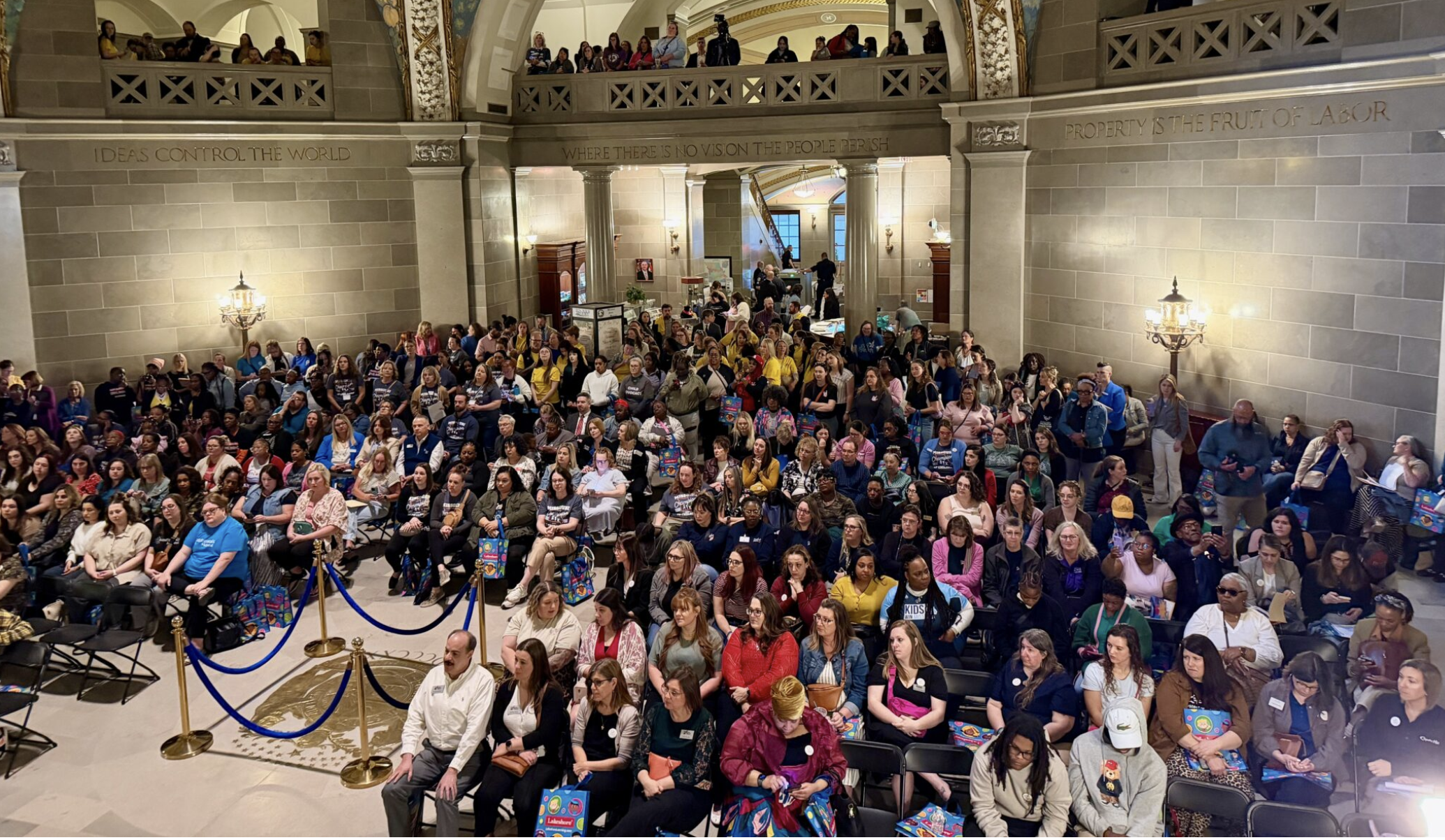  Child care providers, parents and advocates gather for a rally marking Child Advocacy Day in the Missouri Capitol on Wednesday (Steph Quinn/Missouri Independent).