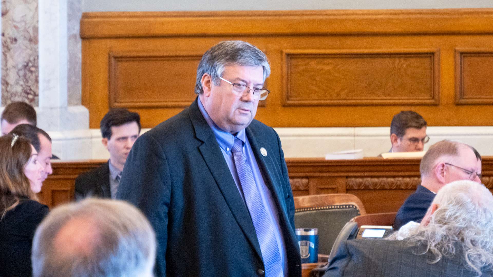 Rep. Ken Rahjes, an Agra Republican, supports a bill incentivizing recent law school graduates to practice and remain in rural areas. He appears here on March 18, 2025, on the House floor in Topeka, Kansas.&nbsp;Photo by Sherman Smith Kansas Reflector
