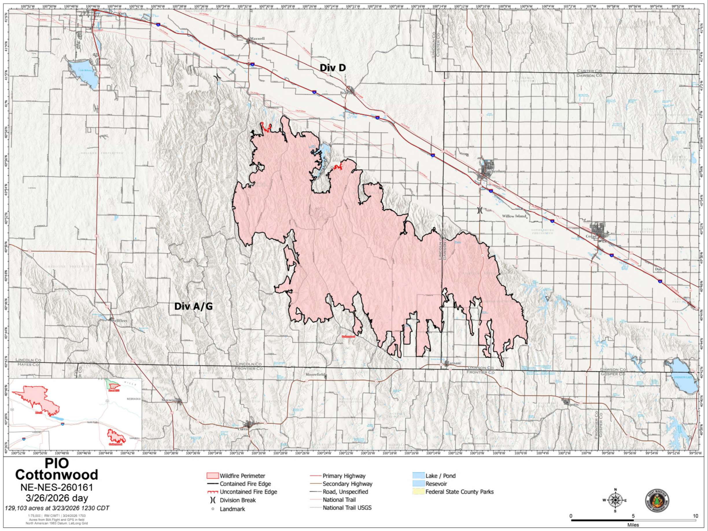 Cottonwood Fire Map Update, March 26, 2026 (courtesy NEMA).