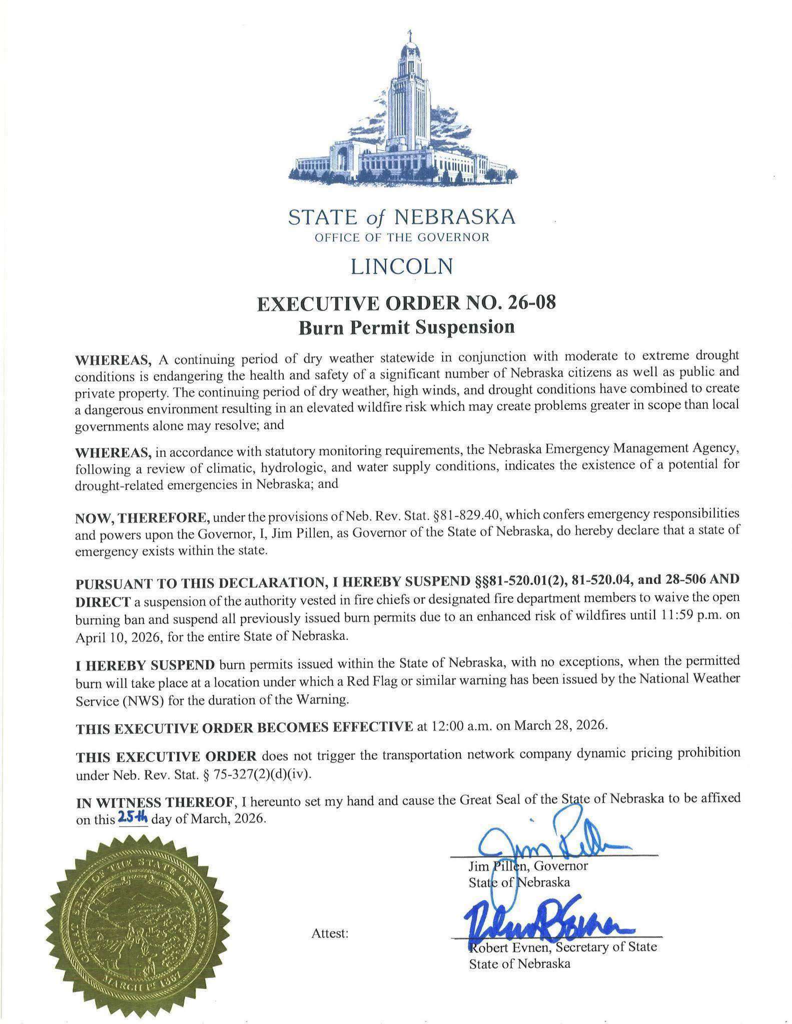 Nebraska Burn Permit Suspension from Gov. Jim Pillen March 26, 2026