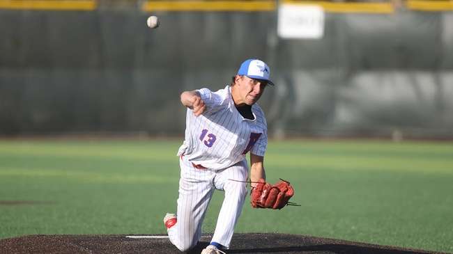 Merek Yeager pitches six strong innings to lead the No. 11-ranked Blue Dragon baseball team to a 12-1 run-rule victory over Butler in Game 2 of a Jayhawk West doubleheader on March 26, 2026, at Hobart-Detter Field. (Billy Watson/Blue Dragon Sports Information)