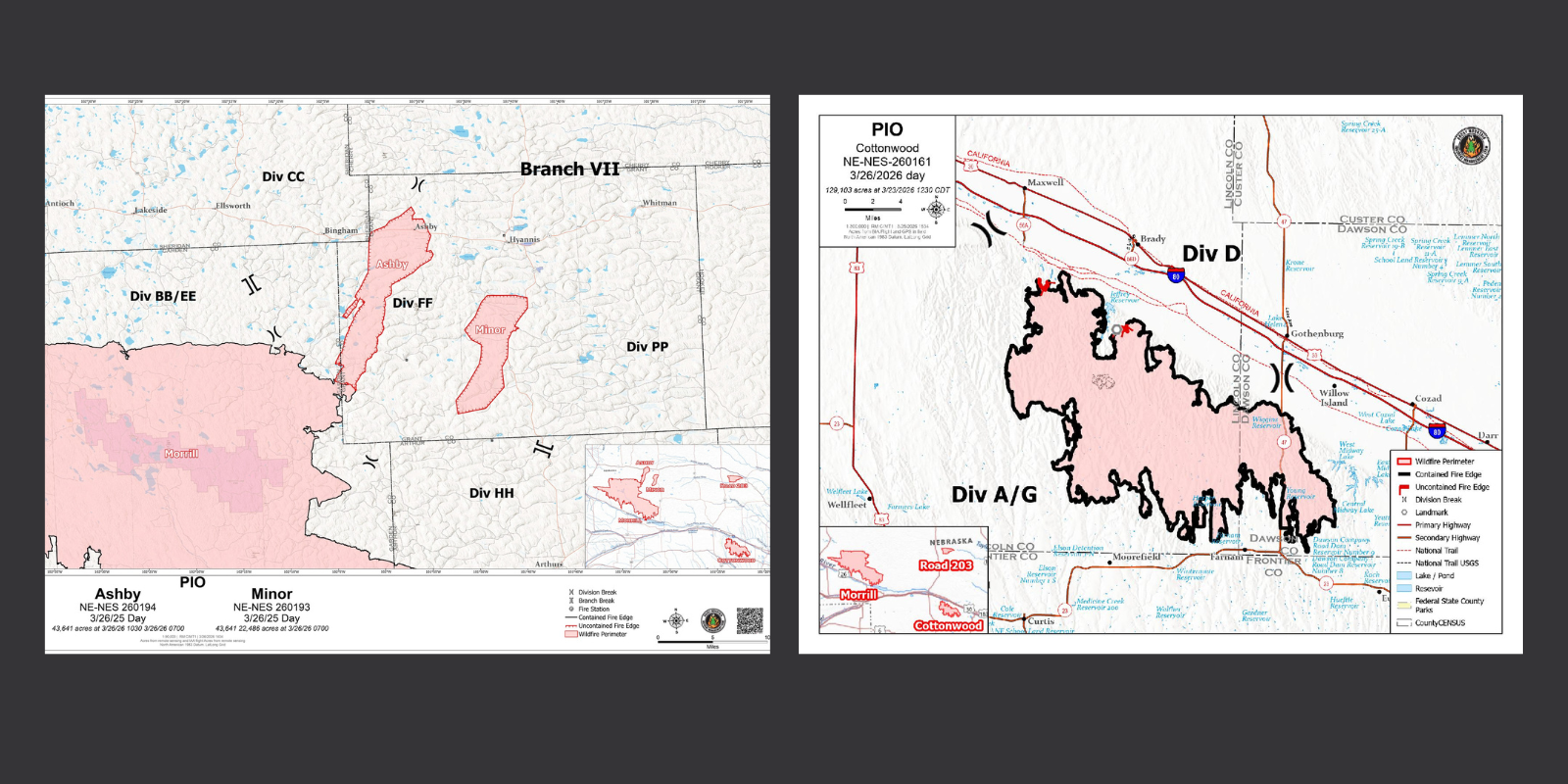 Ashby, Minor and Cottonwood Fire map updates from March 27, 2026.
