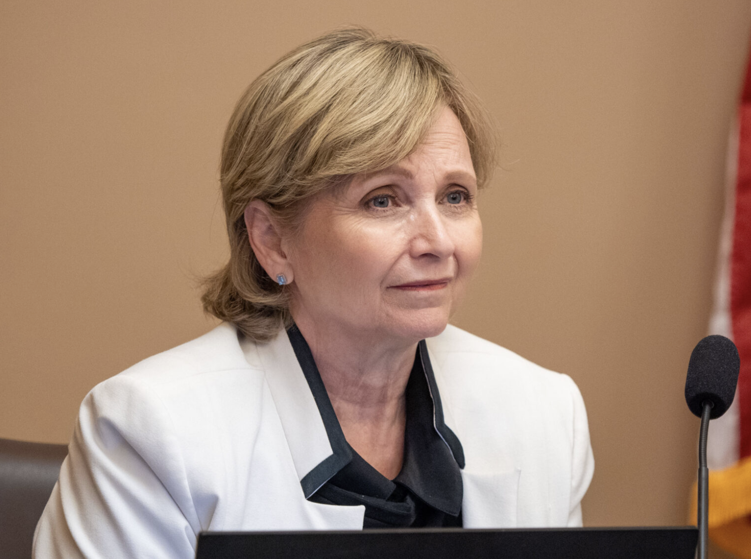  Sen. Caryn Tyson, shown here in a Feb. 2, 2026, hearing, is working to put together a property tax relief bill that will pass both chambers. (Photo by Sherman Smith/Kansas Reflector)