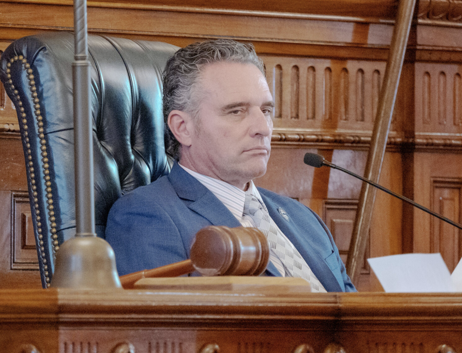  Senate President Ty Masterson, seen here during a March 26, 2026, session of the Senate, offered “no apologies” for ringing a bell outside the House to celebrate a veto override. (Photo by Sherman Smith/Kansas Reflector)