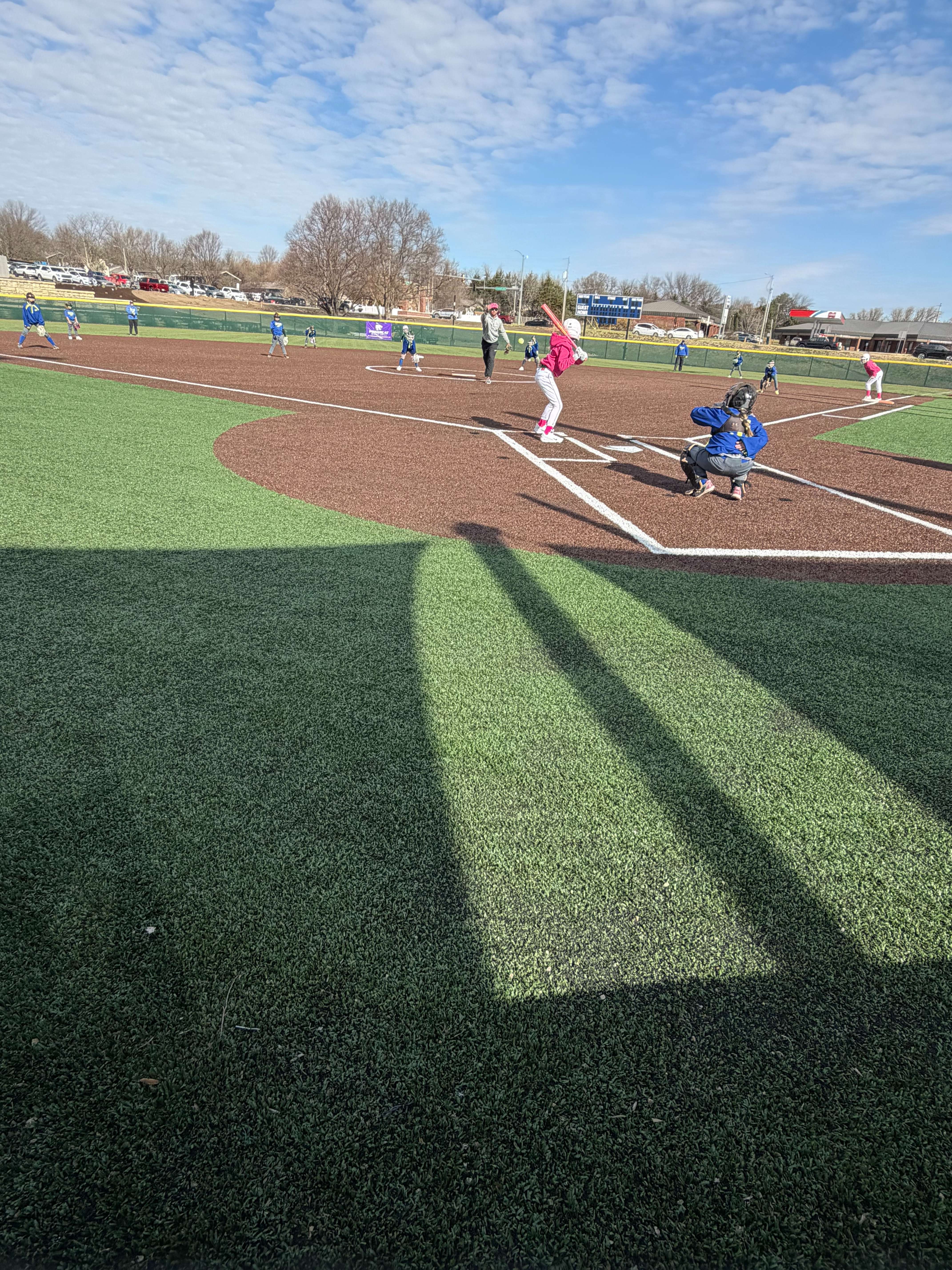 One of the two softball fields from behind home plate.