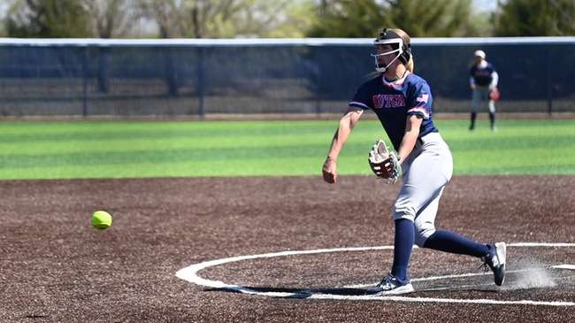Sophomore pitcher Aubree Thomas earned her eighth win of the season in a complete-game two-hitter in Hutchinson's 9-1 win in Game 1 over Pratt on Saturday at Fun Valley. (Samamtha Carpenter/Digital Fox Photography)
