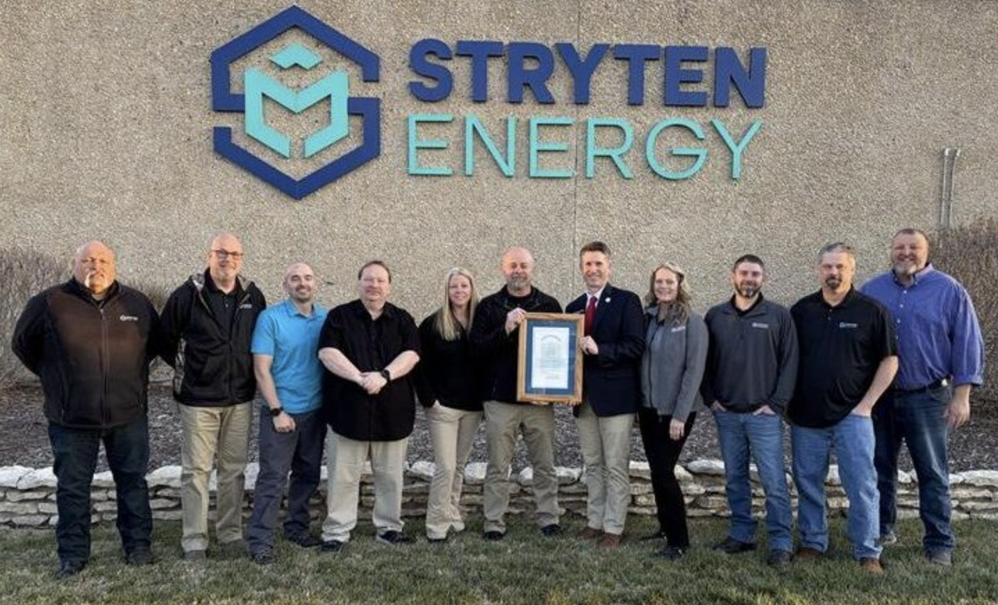 Members of the Stryten Energy team in Salina, along with Rep. Steven Howe holding Resolution No. 6036, recognizing the company's commitment of its services state and nationwide.&nbsp; - Photo, Stryten Energy