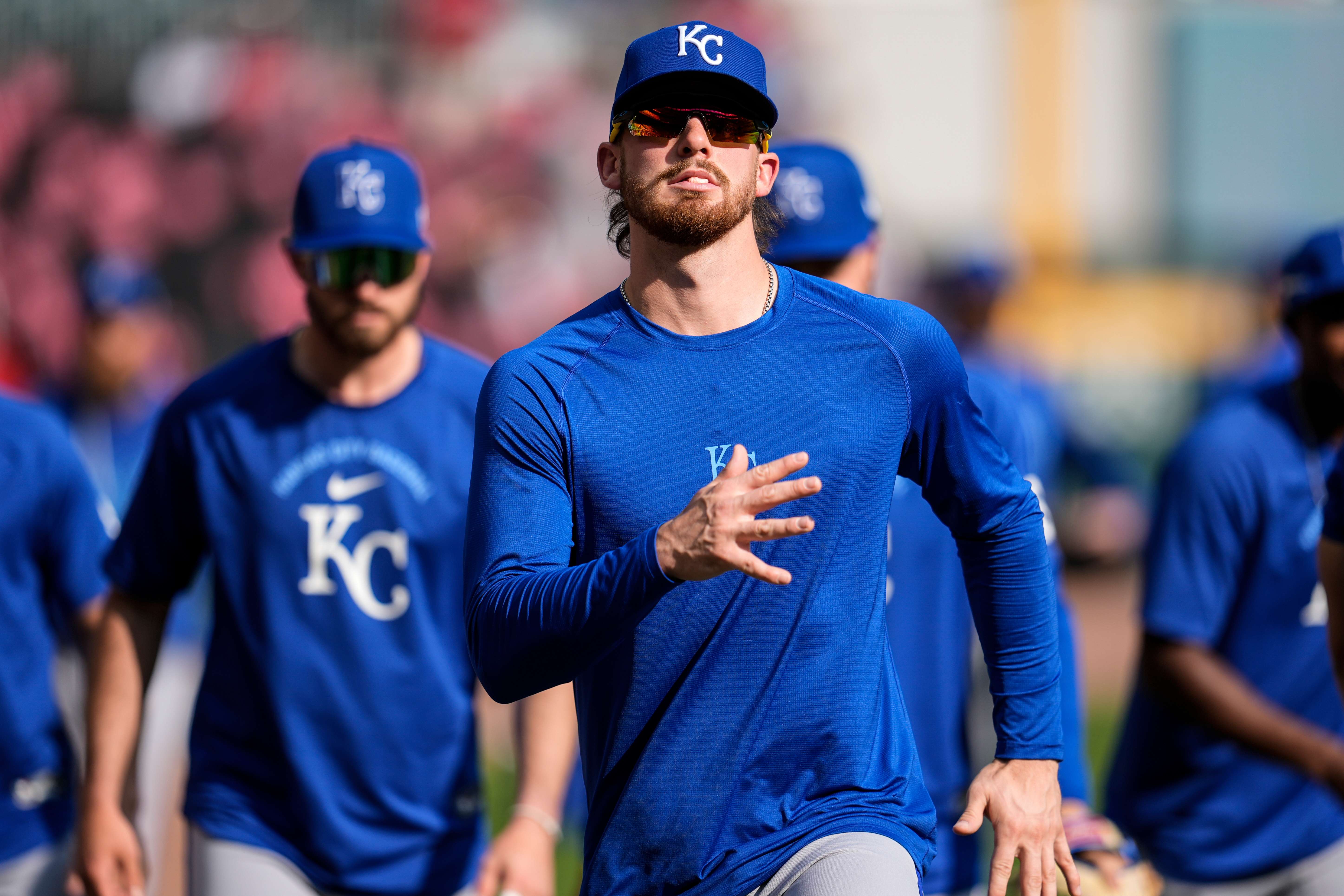 Kansas City Royals shortstop Bobby Witt Jr. (7) warms up before an opening day baseball game between the Atlanta Braves and the Kansas City Royals, Friday, March 27, 2026, in Atlanta. (AP Photo/Mike Stewart)