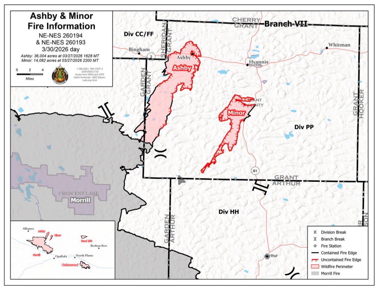Ashby and Minor Fire Map Update, March 30, 2026 (courtesy NEMA).