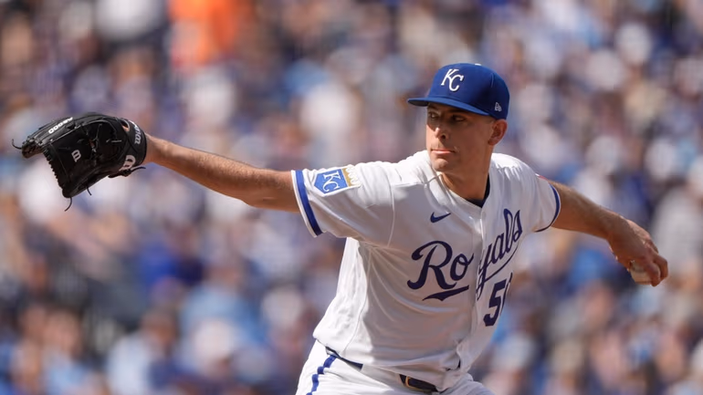 Kansas City Royals starting pitcher Kris Bubic throws during the first inning of a baseball game against the Minnesota Twins, Monday, March 30, 2026, in Kansas City, Mo. (AP Photo/Charlie Riedel)