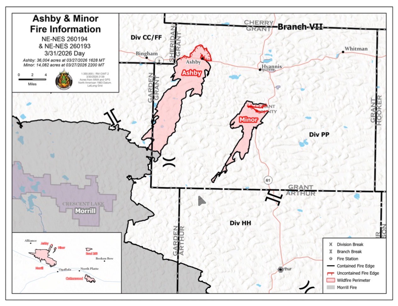 Ashby and Minor Fire Map Update, March 31, 2026 (courtesy NEMA).