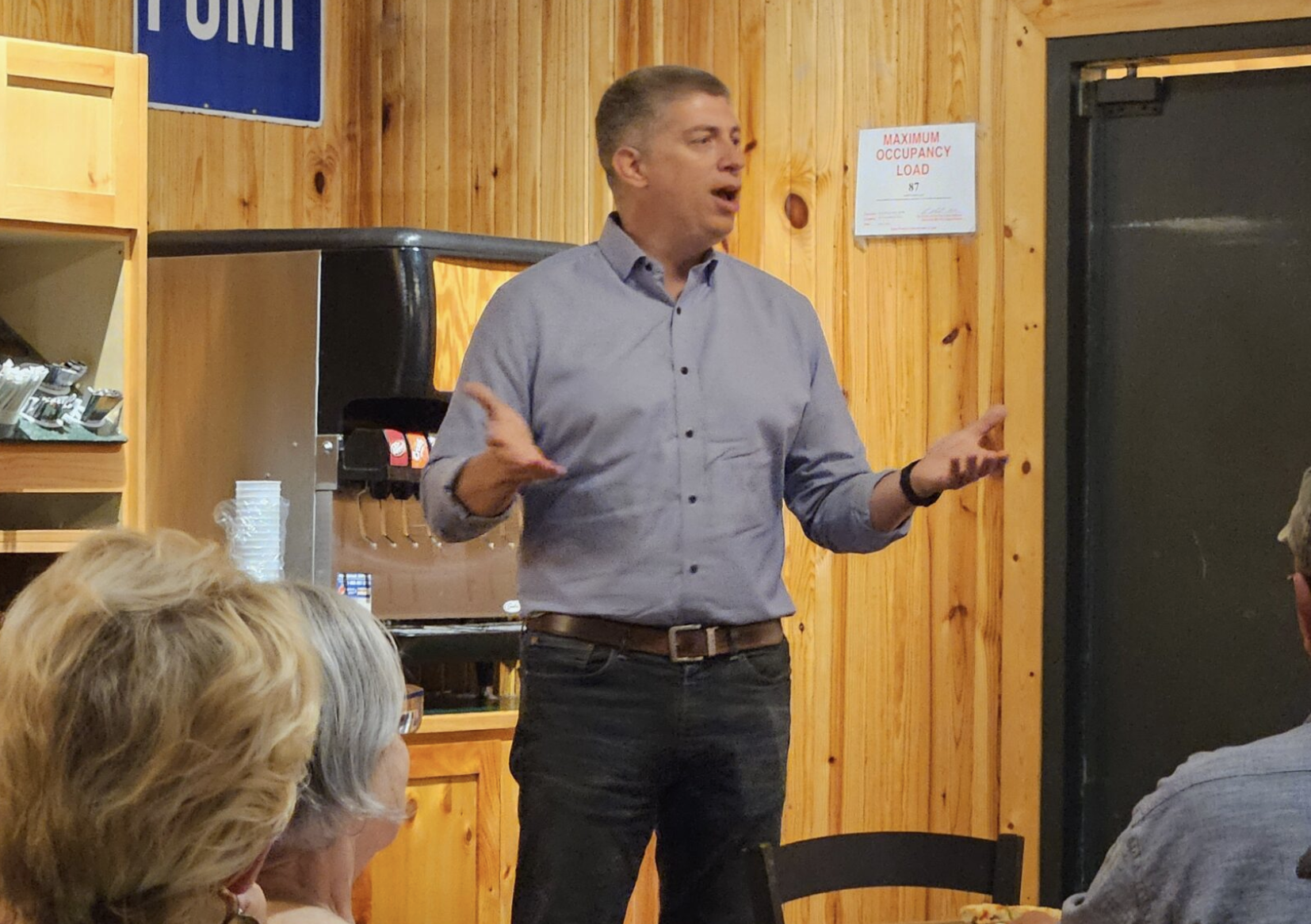 Then-state Sen. Bill EIgel of Weldon Spring speaks during a 2024 campaign stop in Columbia as he sought the Republican nomination for governor (Rudi Keller/Missouri Independent).