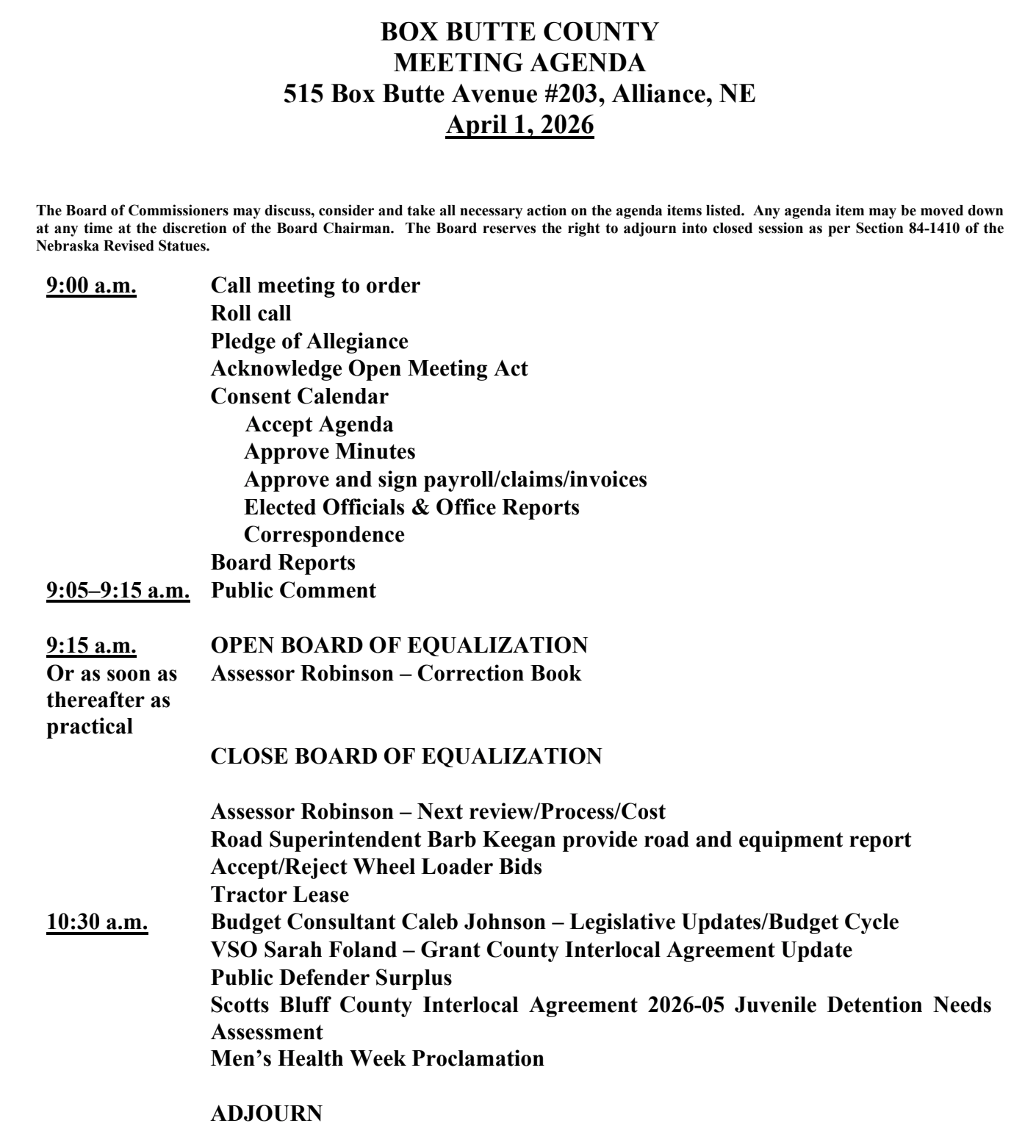 Box Butte County Meeting Agenda, April 1, 2026