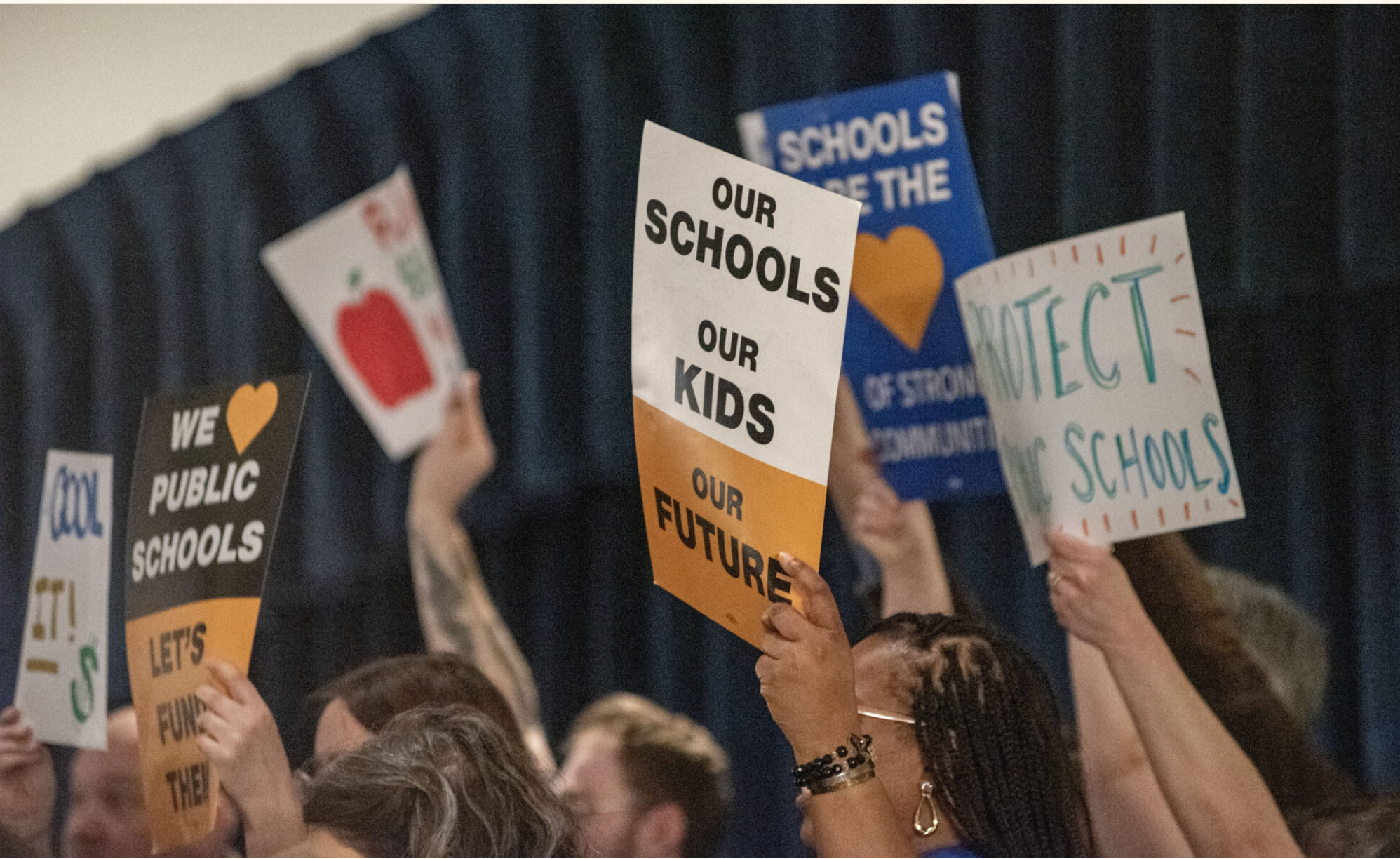 A rally in the Missouri Capitol Rotunda calls for better funding for Missouri’s public schools Feb. 10 (Annelise Hanshaw/Missouri Independent).