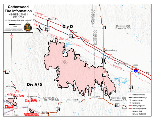 Cottonwood Fire Map Update, April 1, 2026 (courtesy NEMA).