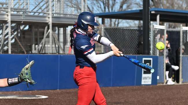 Kaibryn Kruger hits her fifth home run of the season in Game 2 of a doubleheader loss to Labette on Tuesday. The Blue Dragons fell 6-4 and 5-4 in nine innings. (Andrew Carpenter/Digital Fox Photo).