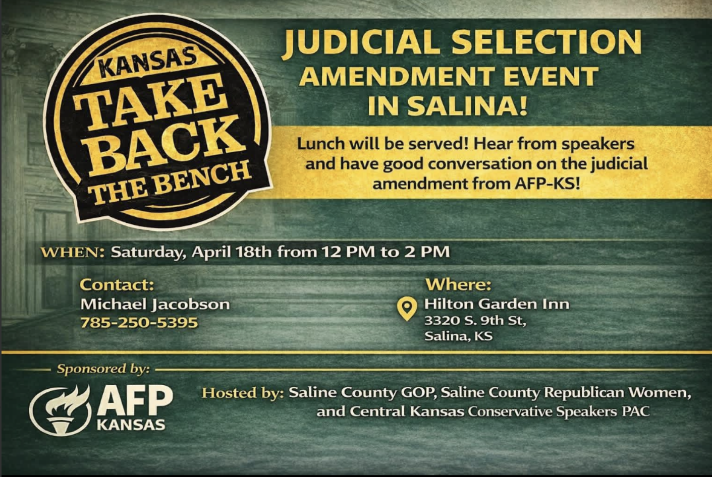 "Kansas Take Back The Bench" at <b>Hilton Garden Inn (3320 S. 9th St.) Saturday</b>, <b>April 18 </b>from <b>12:00 pm - 2:00 pm</b>