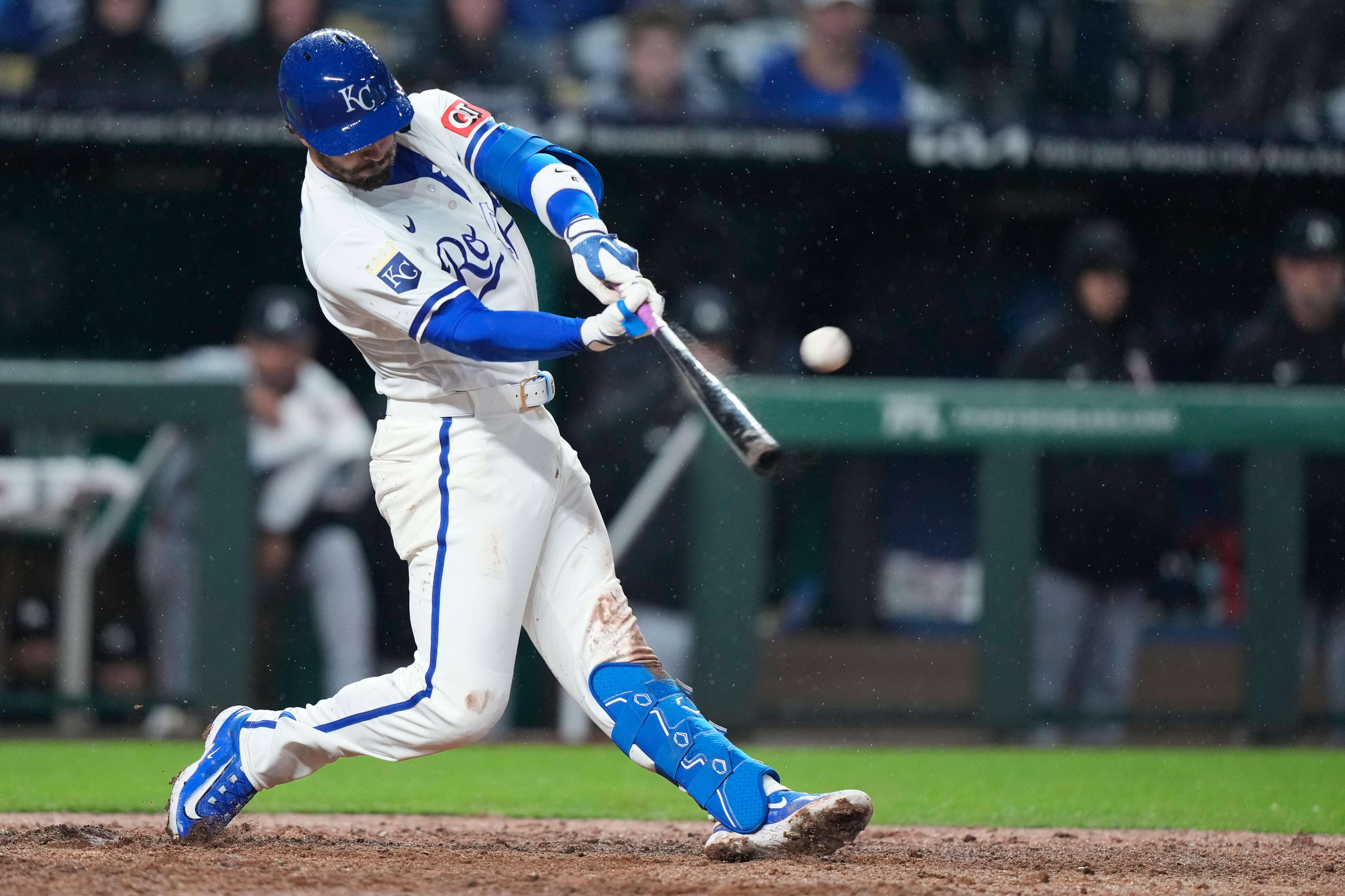 Kansas City Royals' Jonathan India hits a grand slam during the sixth inning of a baseball game against the Minnesota Twins, Wednesday, April 1, 2026, in Kansas City, Mo. (AP Photo/Charlie Riedel)