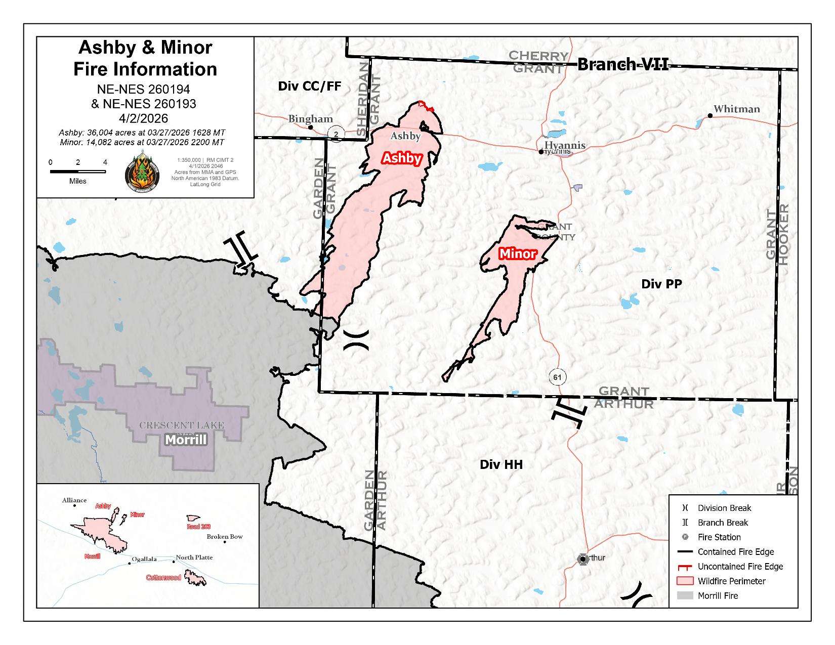 Ashby and Minor Fires map update from April 2, 2026 (NEMA)