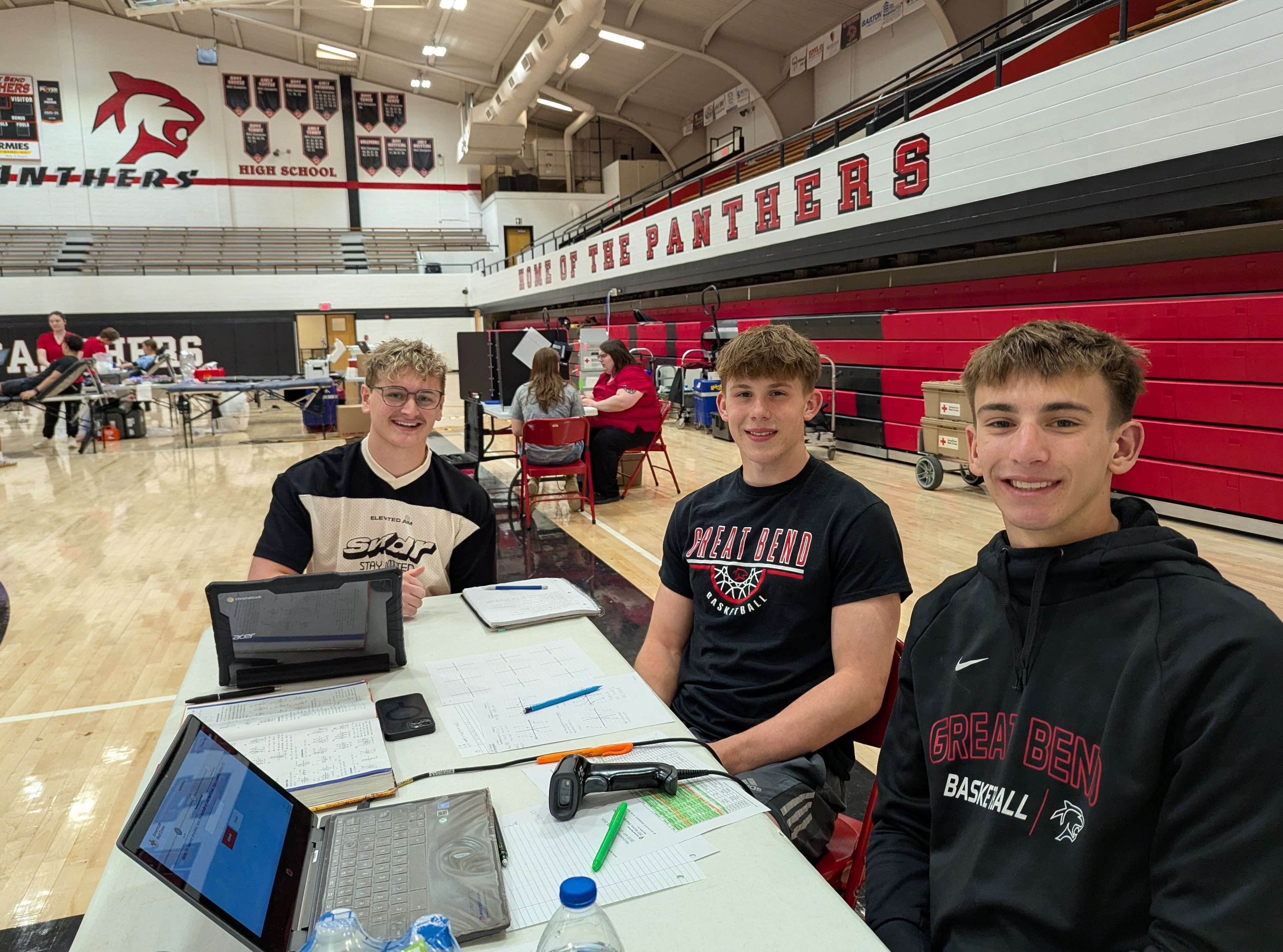 GBHS Kays Club members Slayde Apley, Cole Fanshier, and Eli Somers welcome donors at the March 25 blood drive. In addition to their leadership and volunteerism, these students were proud to make a difference as first-time donors.