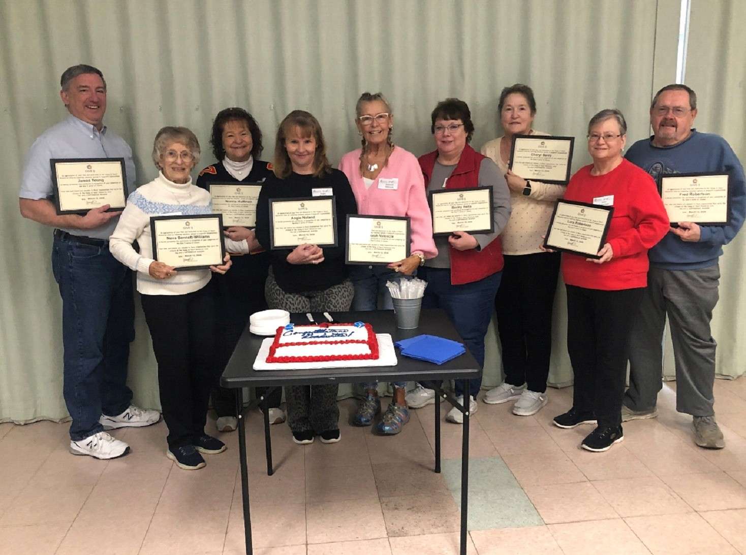 Give 5 participants for the series of classes held at the Joyce Raye Patterson 50+ Activity Center L to R were: Jim Young, Buchanan County; Neva Bennett-Williams, Buchanan County; Norma Huffman, Buchanan; Angie Noland, Buchanan County; Deborah Valencia, Buchanan County; Becky Heits, Atchison County; Cheryl Berry; Buchanan County; Lora Robertson, Buchanan County; and Fred Robertson, Buchanan County. One participant, Chris Mott, Buchanan Conty is not pictured.