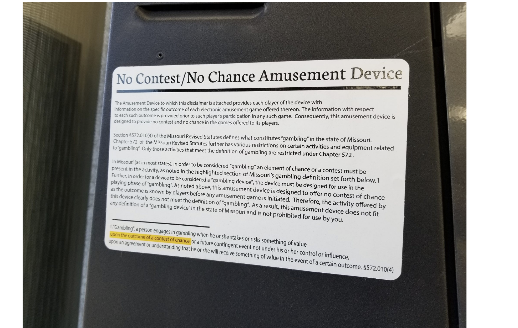 The disclaimer prominently placed on all of the “no-chance” gaming machines placed in the state that declares it does not violate state law (Rudi Keller/Missouri Independent).