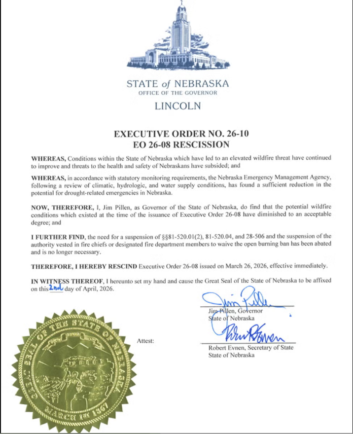 Pillen rescinds burn ban April 2, 2026