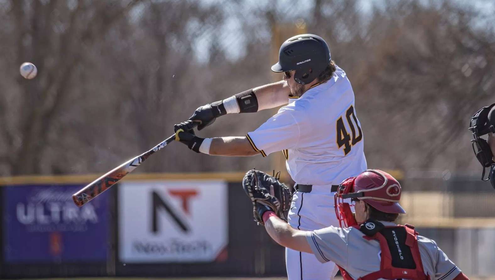 Fort Hays State's first baseman Garretson Cook (40) hits a double in an MIAA baseball game against Pittsburg State on Thursday, April 2, 2026 at Larks Park in Hays, Kan. (FHSU Athletics photo/Parker Nisbeth)