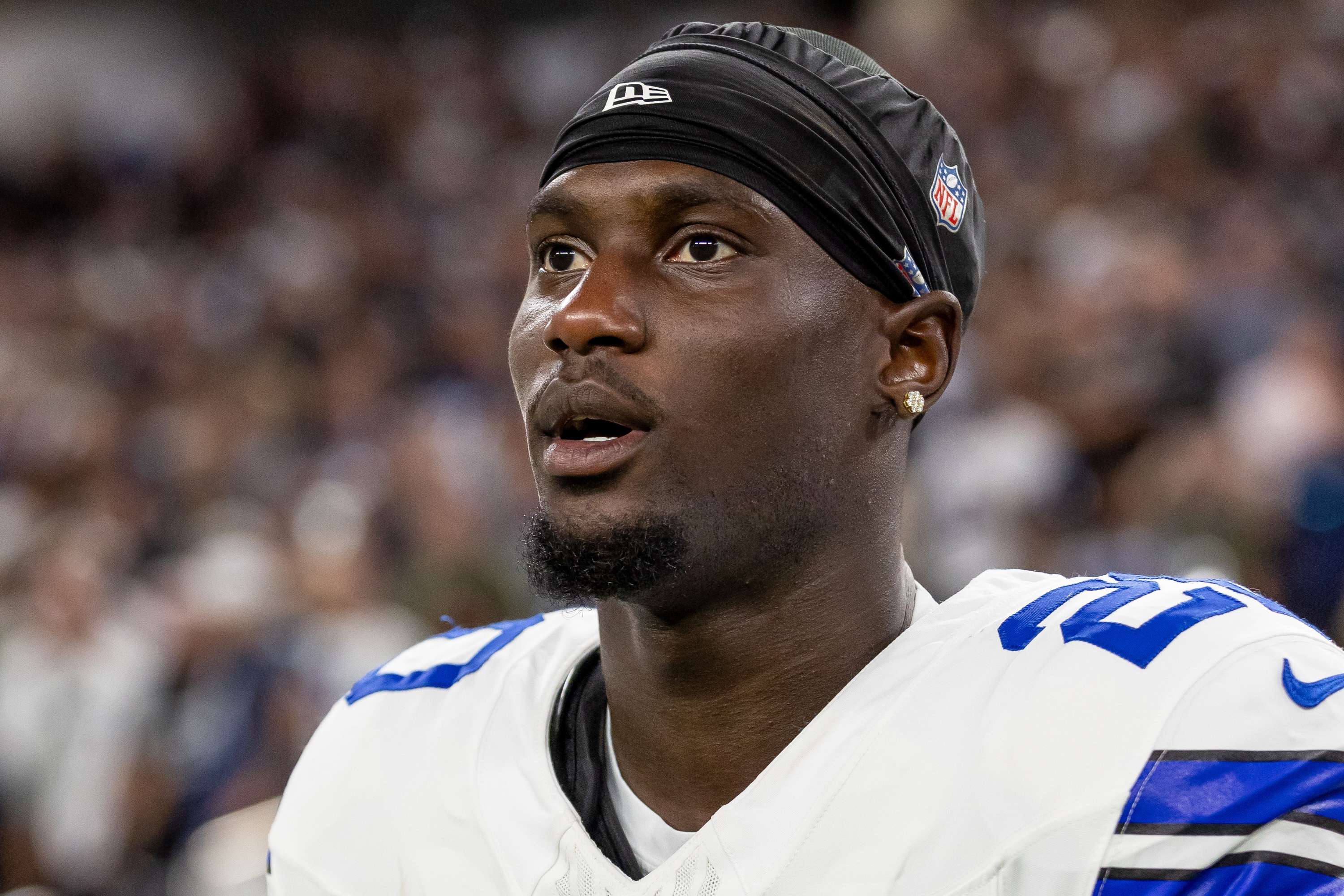 FILE - Dallas Cowboys cornerback Kaiir Elam (20) stands for the national anthem before playing against the Las Vegas Raiders in an NFL football game, Nov. 17, 2025, in Las Vegas. (AP Photo/Jeff Lewis, File)