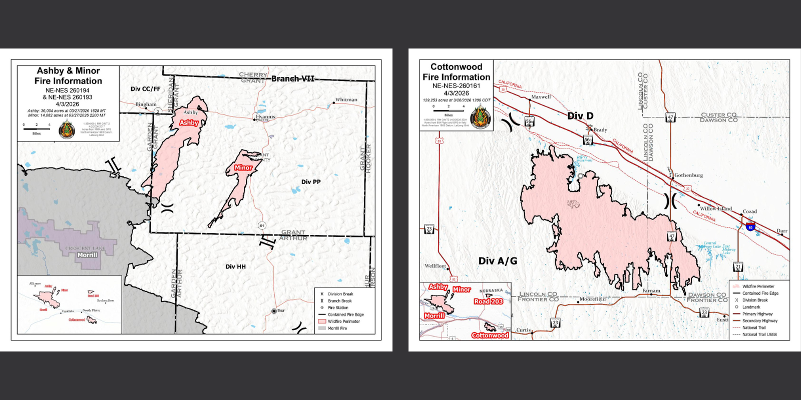 Ashby, Minor and Cottonwood Fires map update April  3, 2026. All fires fully contained and showing little activity. (NEMA)
