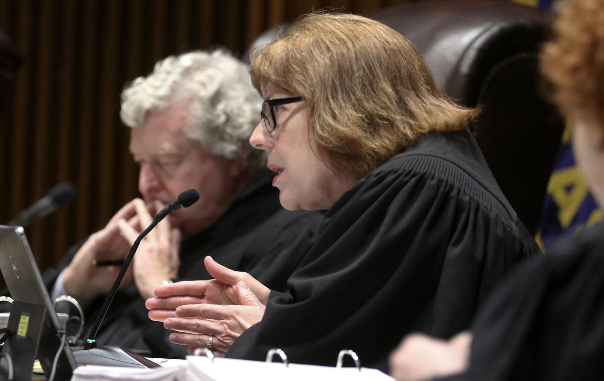  Kansas Supreme Court Justice Evelyn Wilson asks a question during oral arguments regarding constitutionality of redistricting maps created by the 2022 Kansas Legislature. (Photo by Thad Allton for Kansas Reflector)