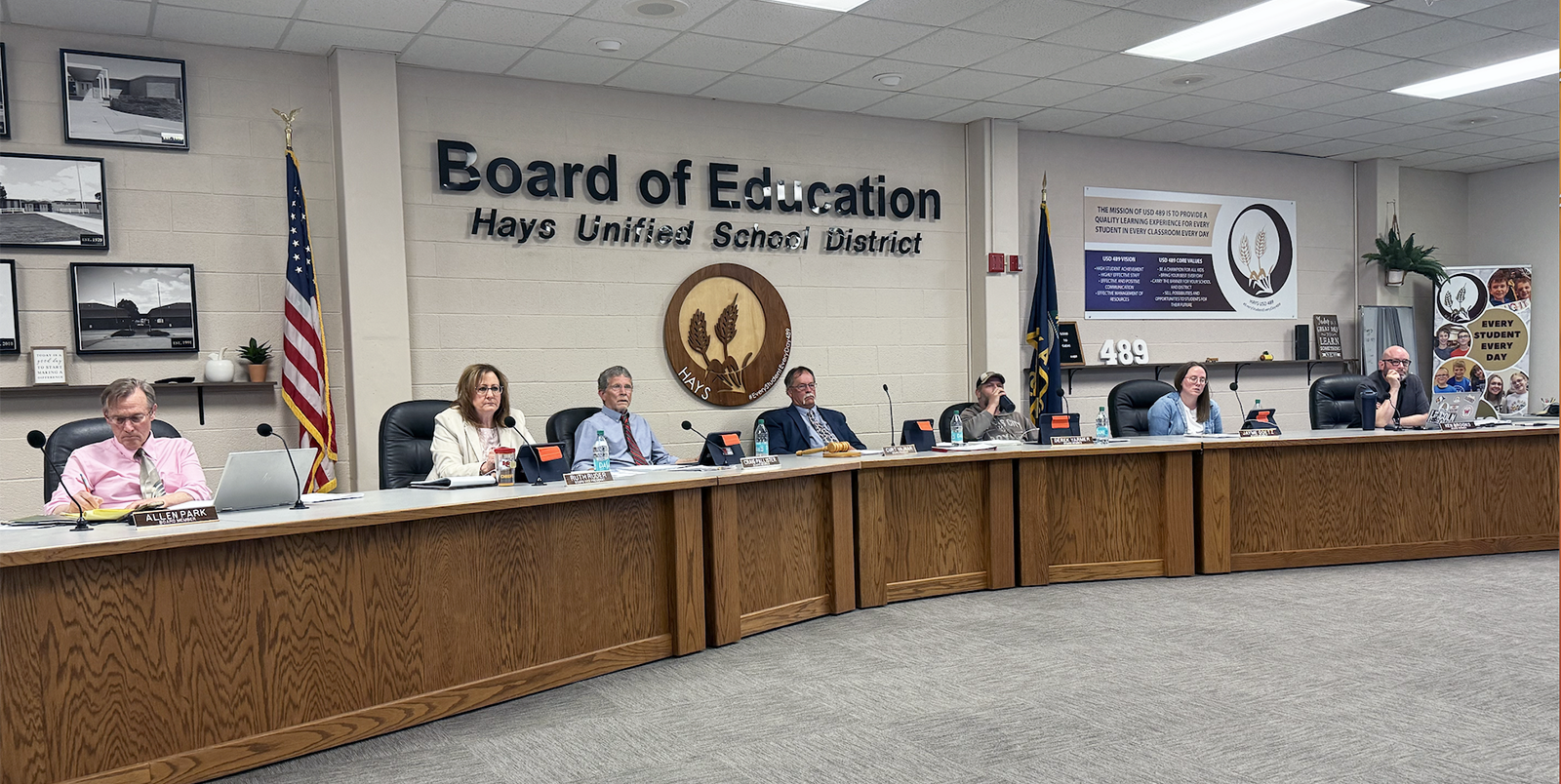 The Hays USD 489 school board at its meeting on Monday night. Photo by Cristina Janney/Hays Post.