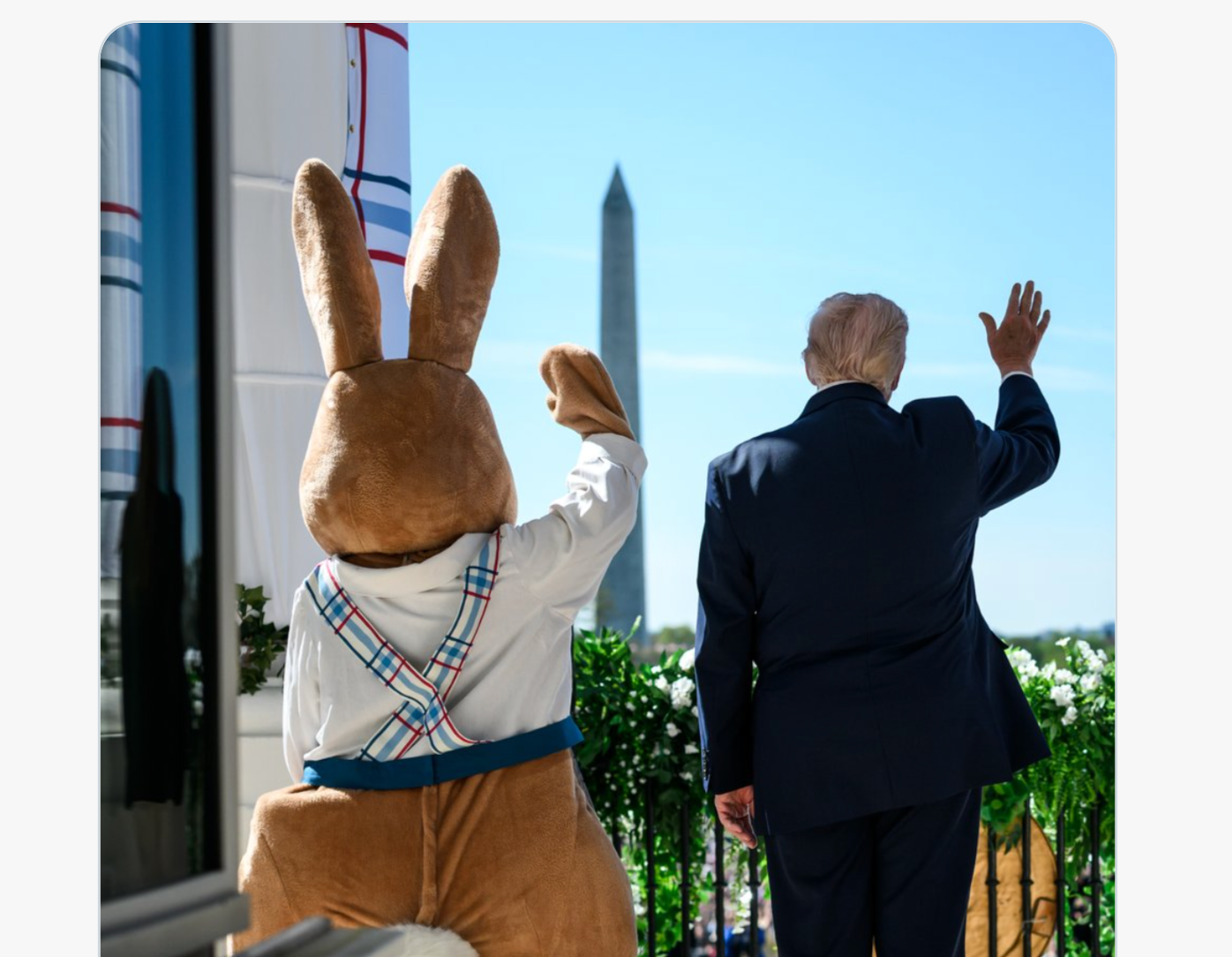 A few hours before the cease fire announcement, President Trump and the Easter Bunny wave to the crowd during the White House Easter Egg Roll- White House photo