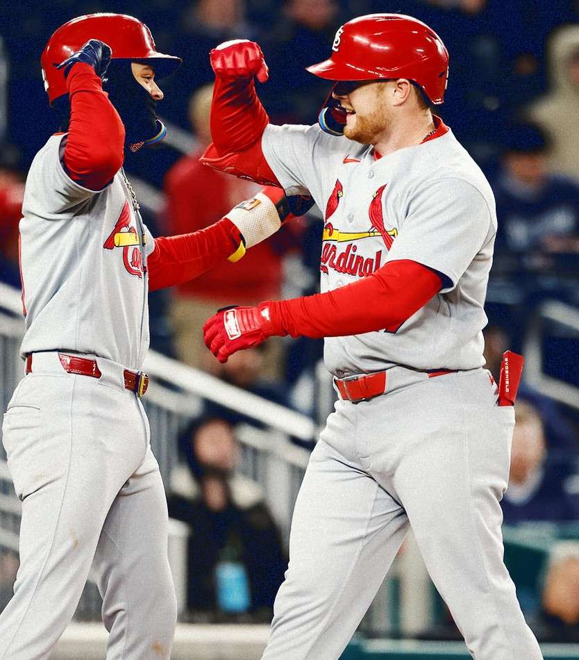 Masyn Winn celebrates with Nathan Church after Church hit a game tying home run in the eighth inning. The St. Louis Cardinals went on to win 7-6 in the 10 innings/ Photo courtesy of the Royals on X