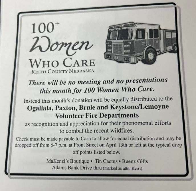 100+ Women Who Care Keith County redirects quarterly donation to local Volunteer Fire Departments following the historic Morrill Fire and following Ashby and Minor Fires which impacted Keith County. 
