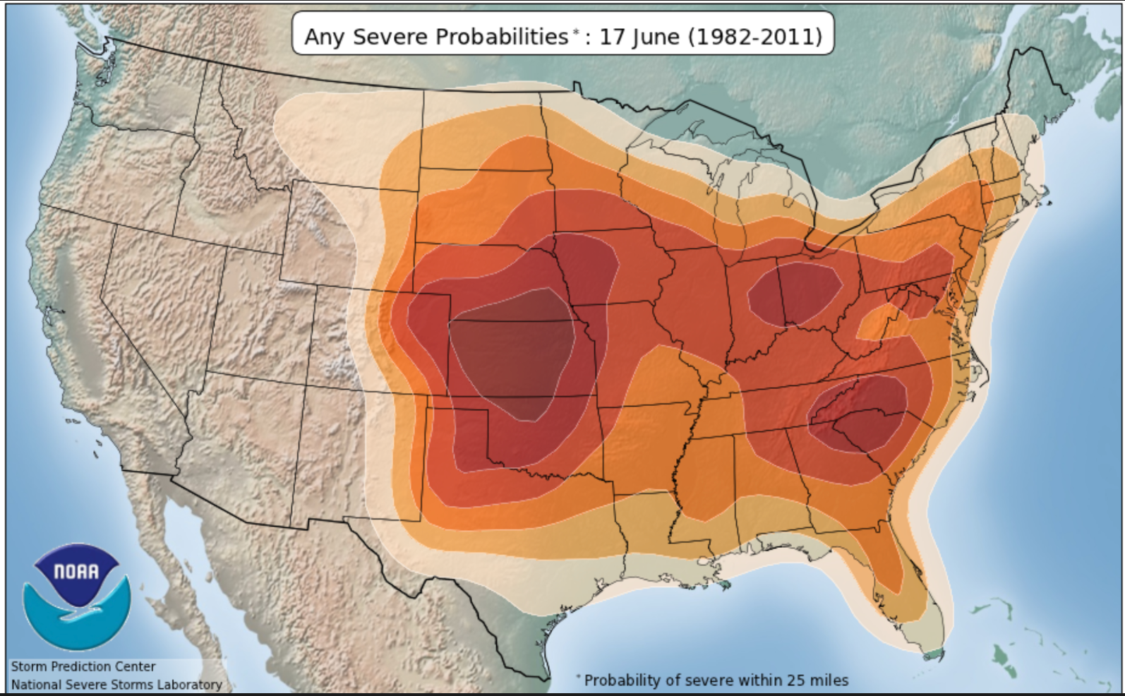 Western Kansas is in a bullseye for a high probability of severe storms. This map shows the greatest probability for severe weather on June 17. Image courtesy of NOAA.