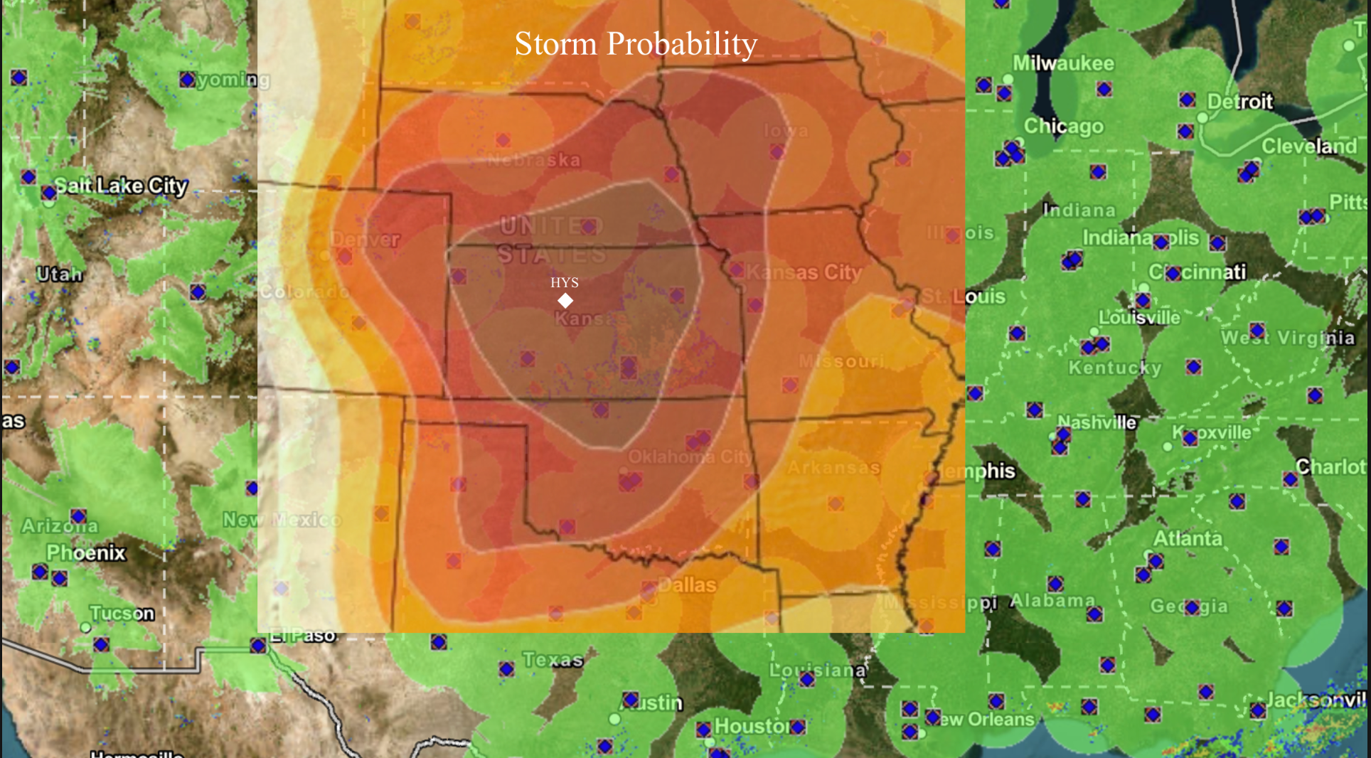 The green dots show regional radar coverage. Hays is in a radar gap but within a bullseye for a high probability of severe weather. Courtesy image