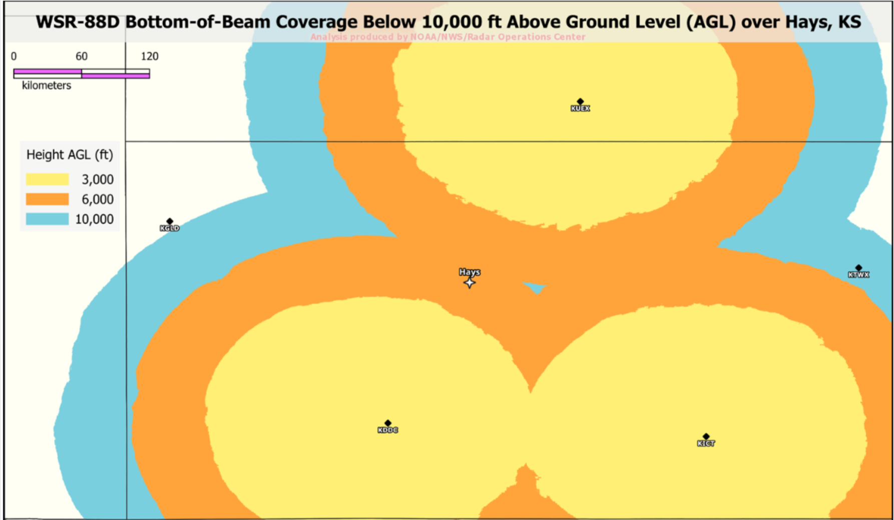 Another view of the radar gap. Hays is in the orange band that is not well covered by radar in Wichita in south-central Kansas, Dodge City in the southwest, and Kearney, Nebraska, to the north. Courtesy image.