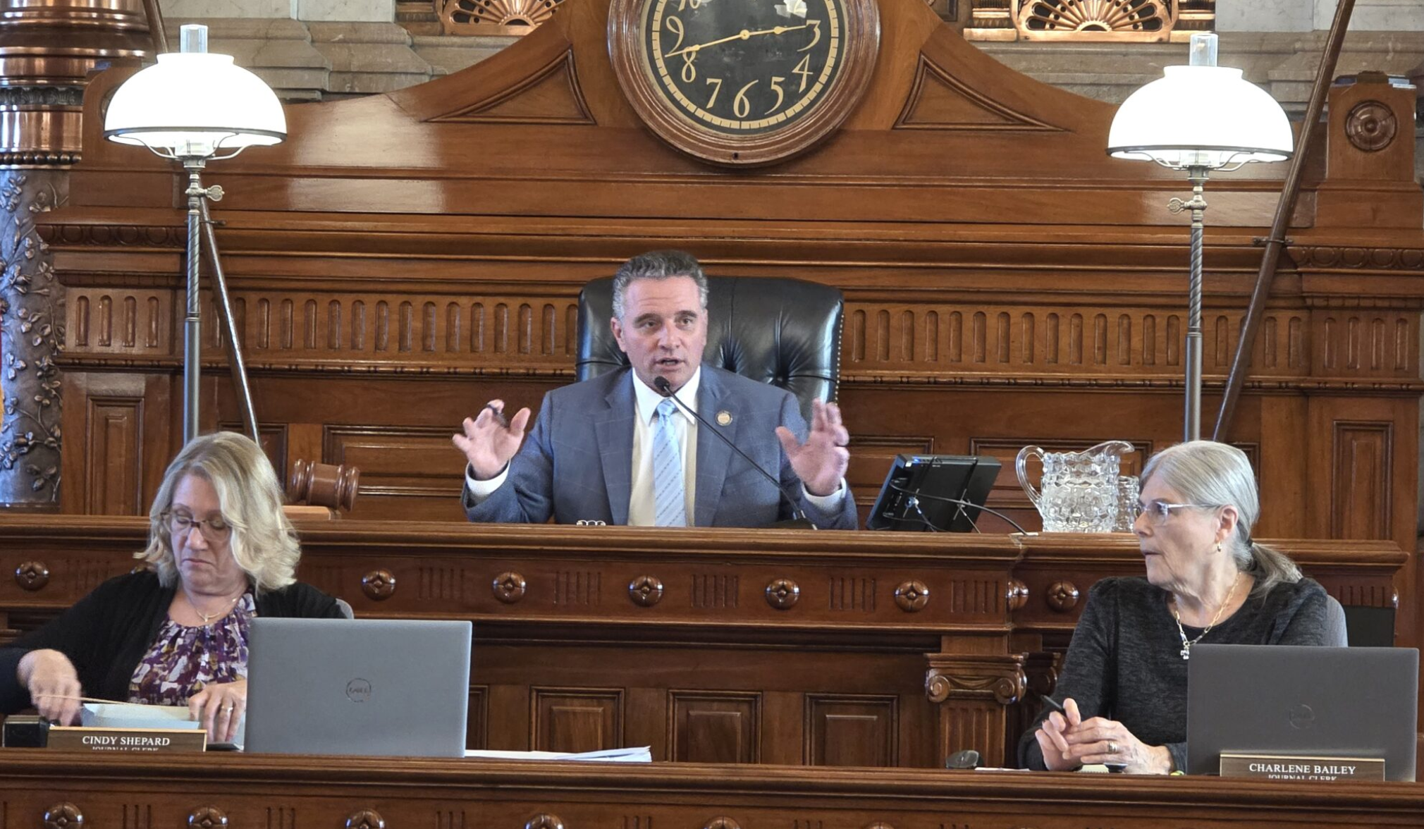  Senate President Ty Masterson says a 25-foot boundary protecting law enforcement and emergency personnel from interference by the public will keep Kansas experiencing what Minnesota did when Immigrations and Customs Enforcement officers arrived in that state. He is seen here during the Jan. 12, 2026, opening of the legislative session. (Photo by Morgan Chilson/Kansas Reflector)