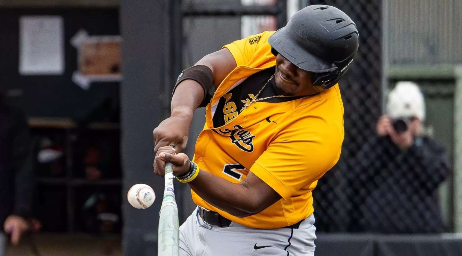 Fort Hays State's Mac Bowie (21) gets a hit in an MIAA baseball game against No. 16 Central Missouri on Friday, April 10, 2026 at Larks Park in Hays, Kan. (FHSU Athletics photo/Parker Nisbeth)
