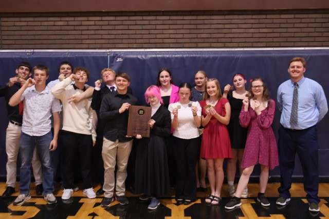 The Fairfield High School Forensics team took the championship of the Heart of the Plains league last week. Pictured at the event are team members (left to right) William McIver, Thad Brown, Dominic Sader, Braeden Witt, Gavin Foster, Brodie Snodgrass, Maxine Reyes, Tagan Metzger, Haylie Thomas, Scarlet Thomas, Kora Zongker, Claira Belvin, Stormie Weins, and Coach Will Dutton.