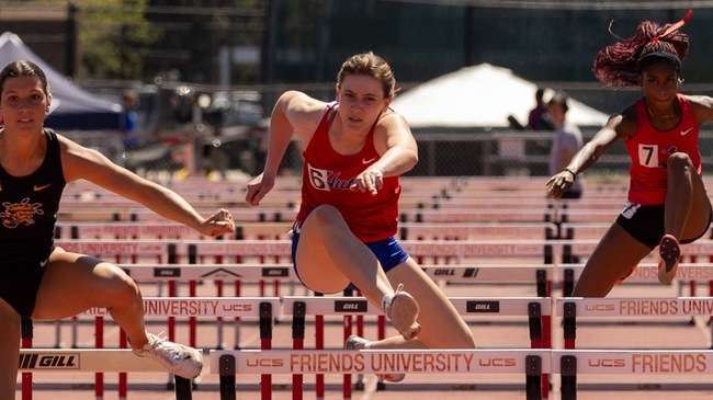 Hurdler Valentine Titren posted the fifth-best time in Blue Dragon women's track and field history in the 100-meter hurdles on Saturday at the Tabor College Invitational in Hillsboro. (Sydney Holzrichter/Blue Dragon Sports Information)