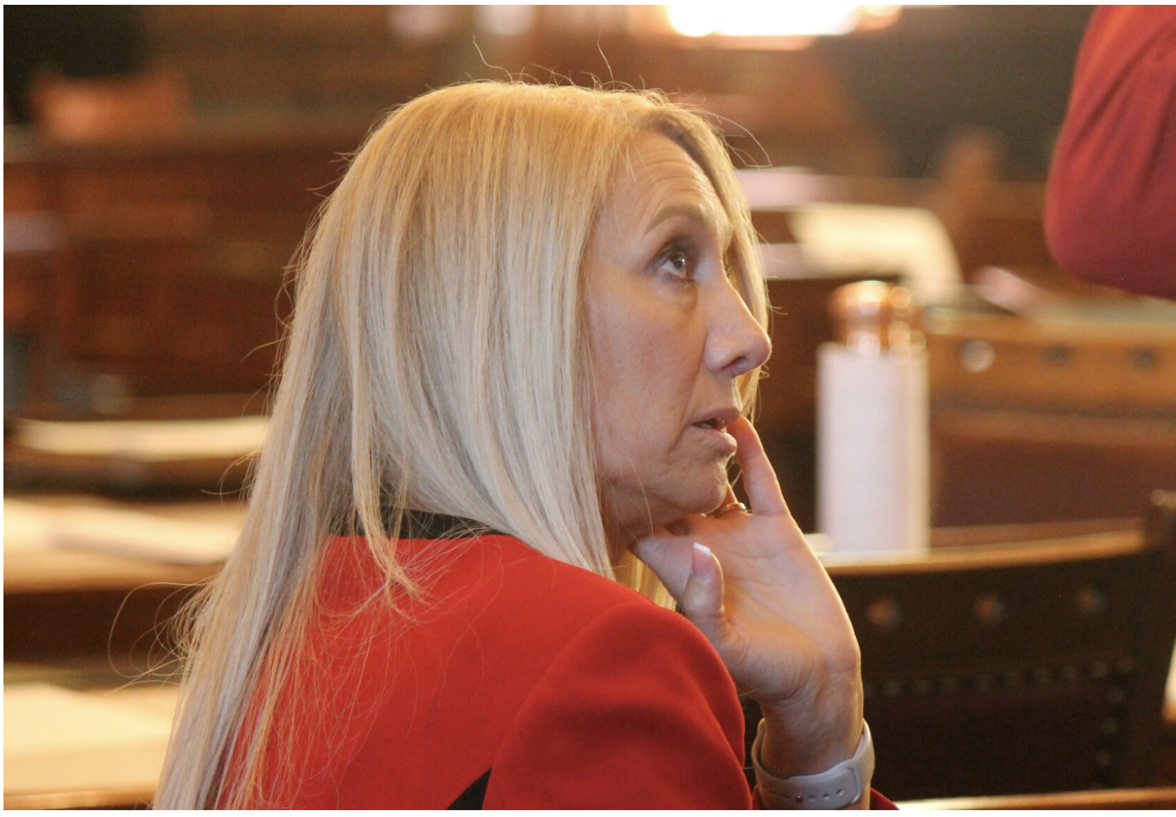  Sen. Renee Erickson, R-Wichita, shown here following floor action on Feb. 5, 2026, attempted Friday to convince the Kansas Senate to overturn a veto so student assessment tests would provide better long-term data. (Photo by Grace Hills for Kansas Reflector)