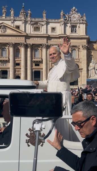 Pope Leo XIV on his popemobile at St. Peter’s Square at the Vatican before giving his address to the thousands in attendance. Photo by FHSU student Savannah Engelken