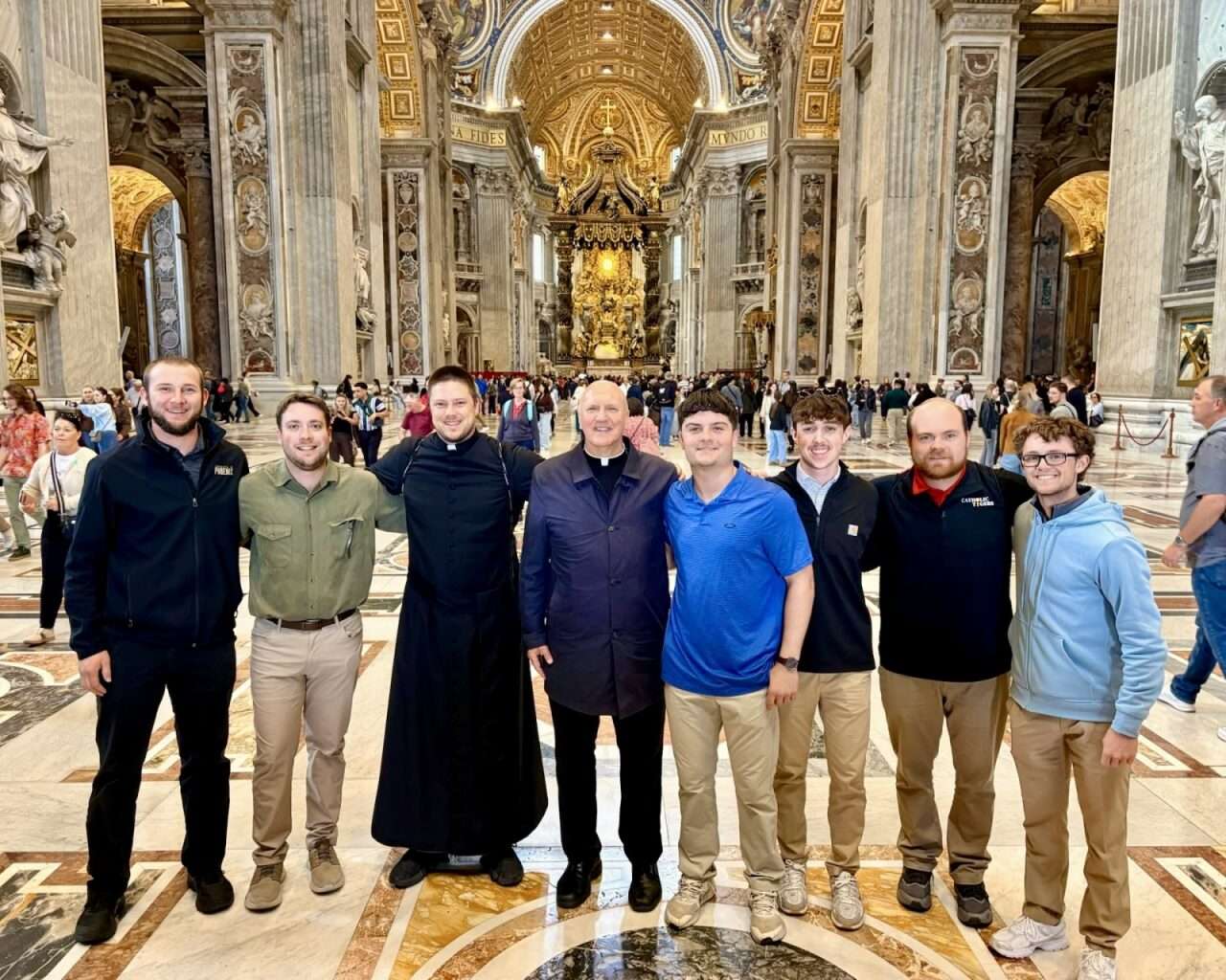 Fort Hays State University Catholic Tigers with Bishop Gerald Vincke of the Salina Diocese at St. Peter's Basilica in Rome. Courtesy photo 