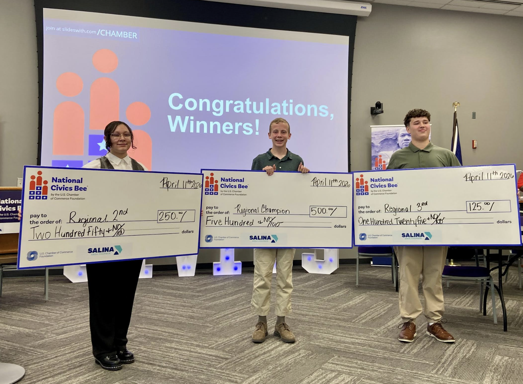 <b>From left to right:</b>&nbsp;Zaida Correa-Vasquez, Salina South Middle School <b>(2nd place) \&nbsp;</b>Colin Burke, Salina South Middle School <b>(1st place) </b>\&nbsp;Gabe Rocha, Lakewood Middle School <b>(3rd place). </b>Each competed in the local National Civics Bee at KSU Salina hosted by Salina Area Chamber of Commerce on Saturday, April 11 - Photo, Salina Area Chamber of Commerce