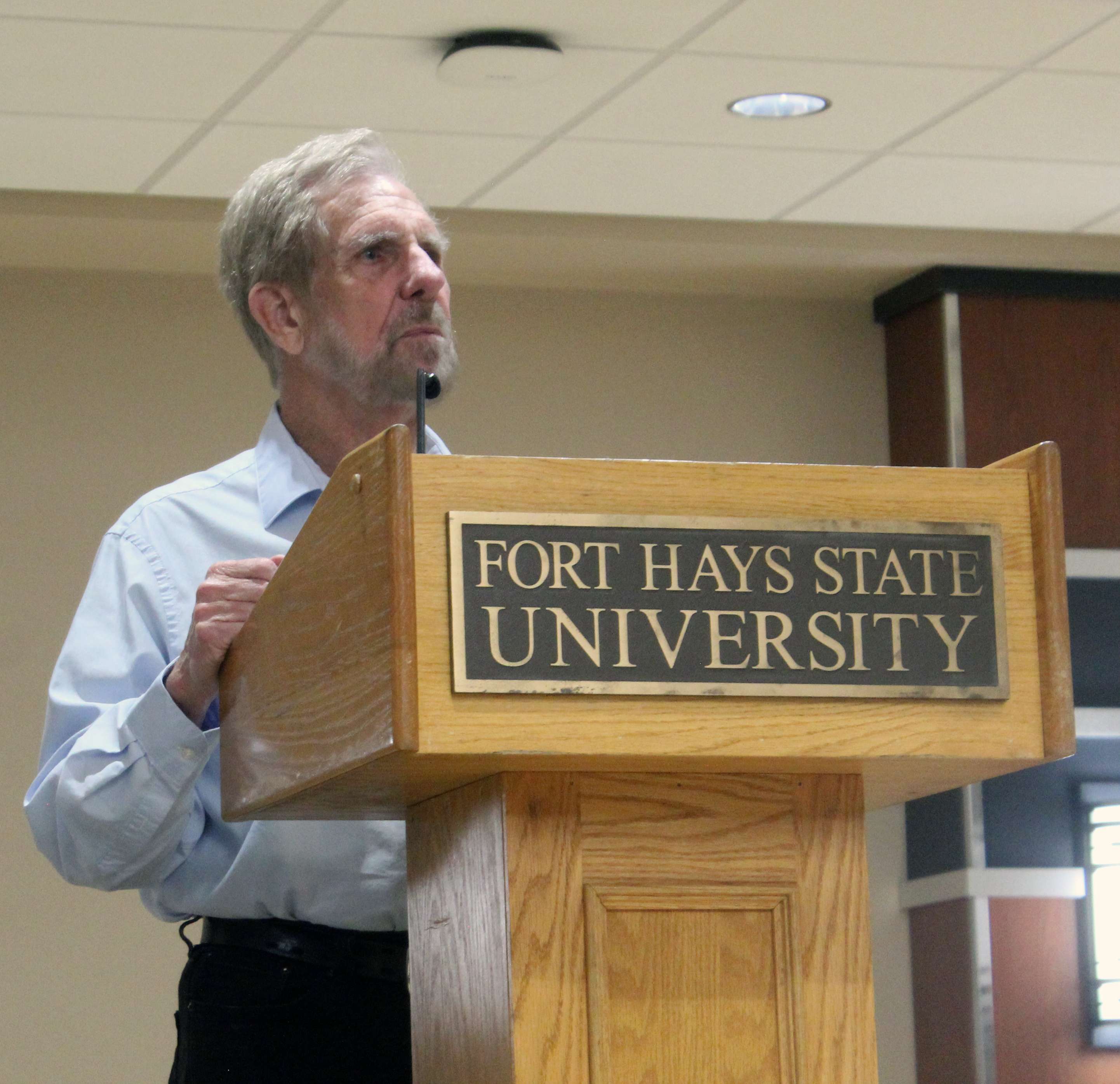 Ken Kaufman, an internationally renowned ornithologist and author, was the keynote speaker at the Kansas Lek Trek Prairie Chicken Festival on Saturday night at Fort Hays State University.&nbsp;Photo by Cristina Janney/Hays Post