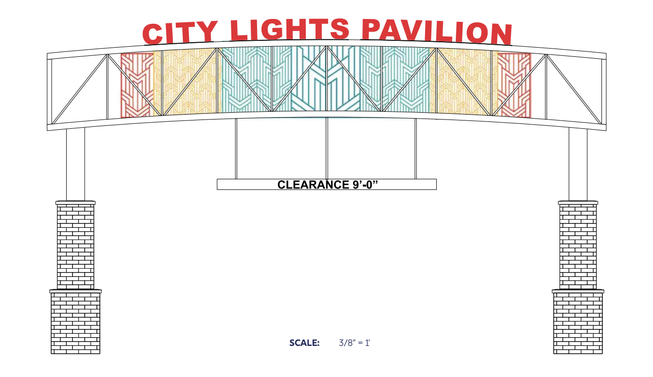 "City Lights Pavilion" rendering of ongoing project of shade structure on the corner of N. Santa Fe Avenue and W. Ash Street - Screenshot from City of Salina April 13, 2026 City Commission agenda.