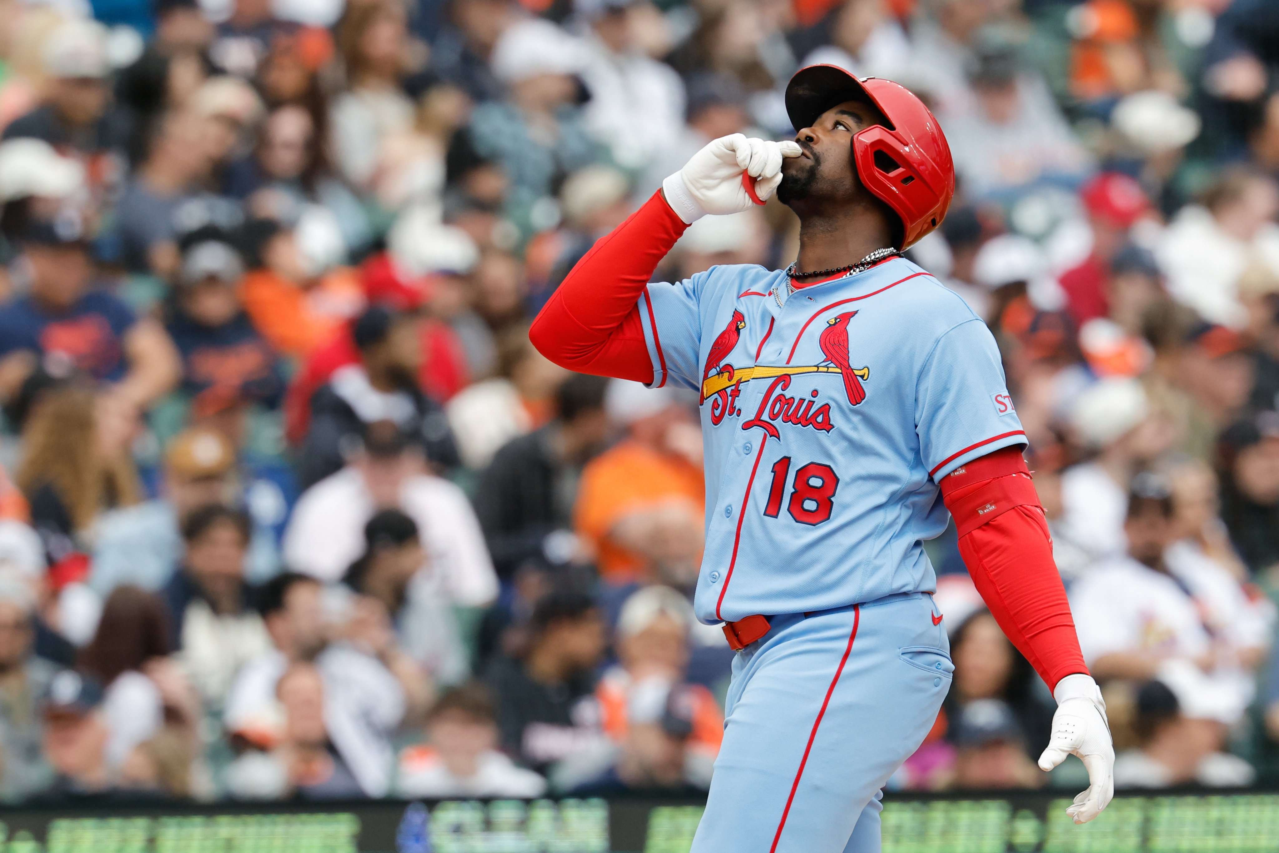 Jordan Walker's hot streak at the plate continued, hitting his MLB leading eighth home run of the season as St. Louis fell to Cleveland 9-3 on Monday/ Photo courtesy of X