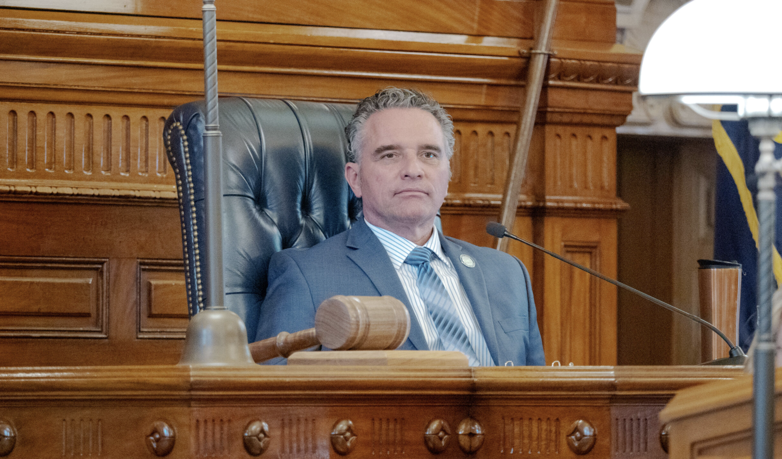Senate President Ty Masterson presides over an April 9, 2026, Senate debate. Masterson took over tax negotiations in the final two days of the session. (Photo by Sherman Smith/Kansas Reflector)